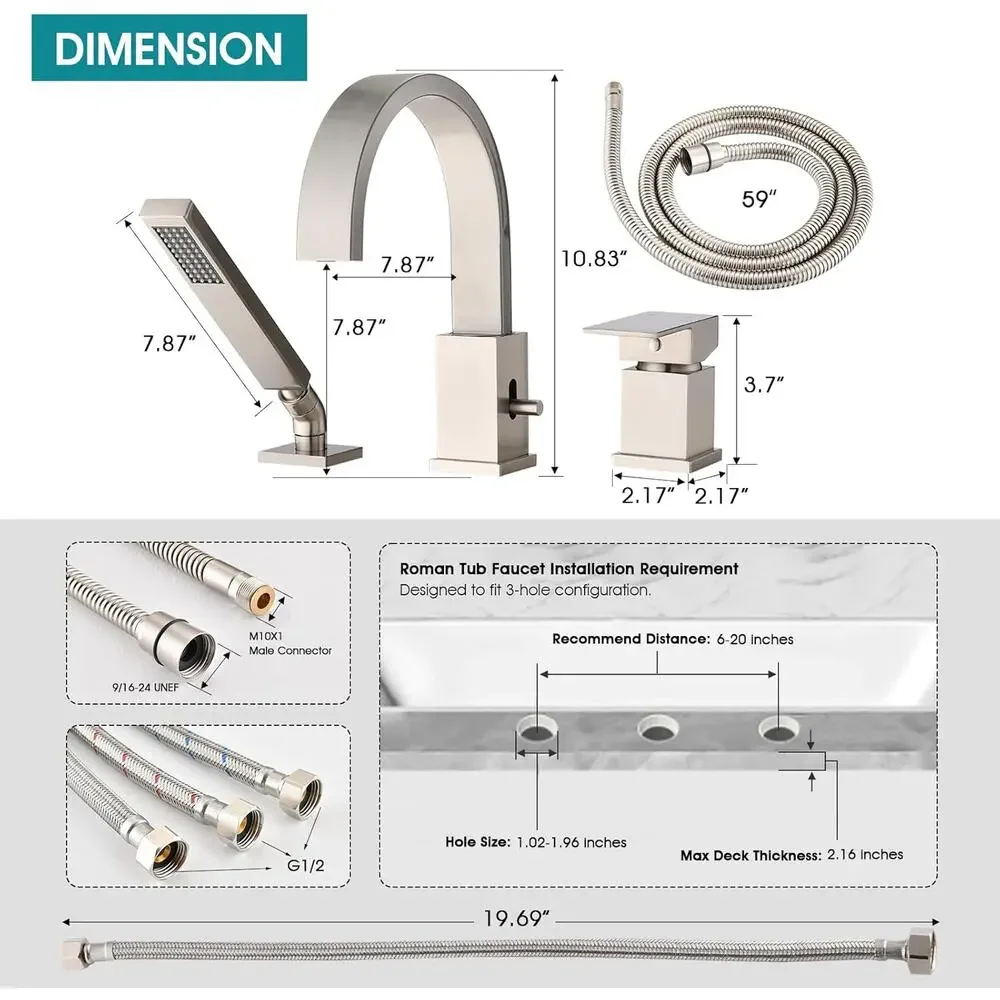 Brass Roman Tub Faucet with Sprayer, Deck Mount Bathtub Faucet with Hand Shower
